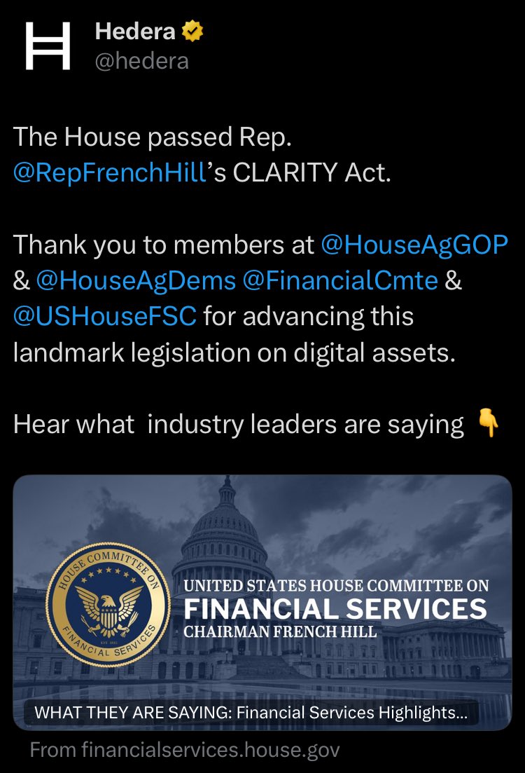 markchadwickx's tweet image. 🔥 RUMOR: $HBAR working with Central Bank on US Digital Dollar now that Rep. French Hill’s CLARITY Act has passed.
Context: In 2021, Rep. French Hill questioned if Hedera was behind the digital dollar.
Now, in 2025, he’s the one passing the bill that could make it possible.…