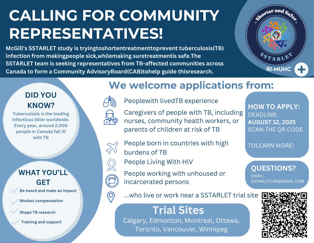 Are you passionate about community health, TB prevention, or have lived experience with TB?  Join the SSTARLET trial's Advisory Board to help guide research on safer, shorter TB treatments.  

🗓️Apply by Aug 12 
🔗dropbox.com/scl/fi/hxjpi9l…