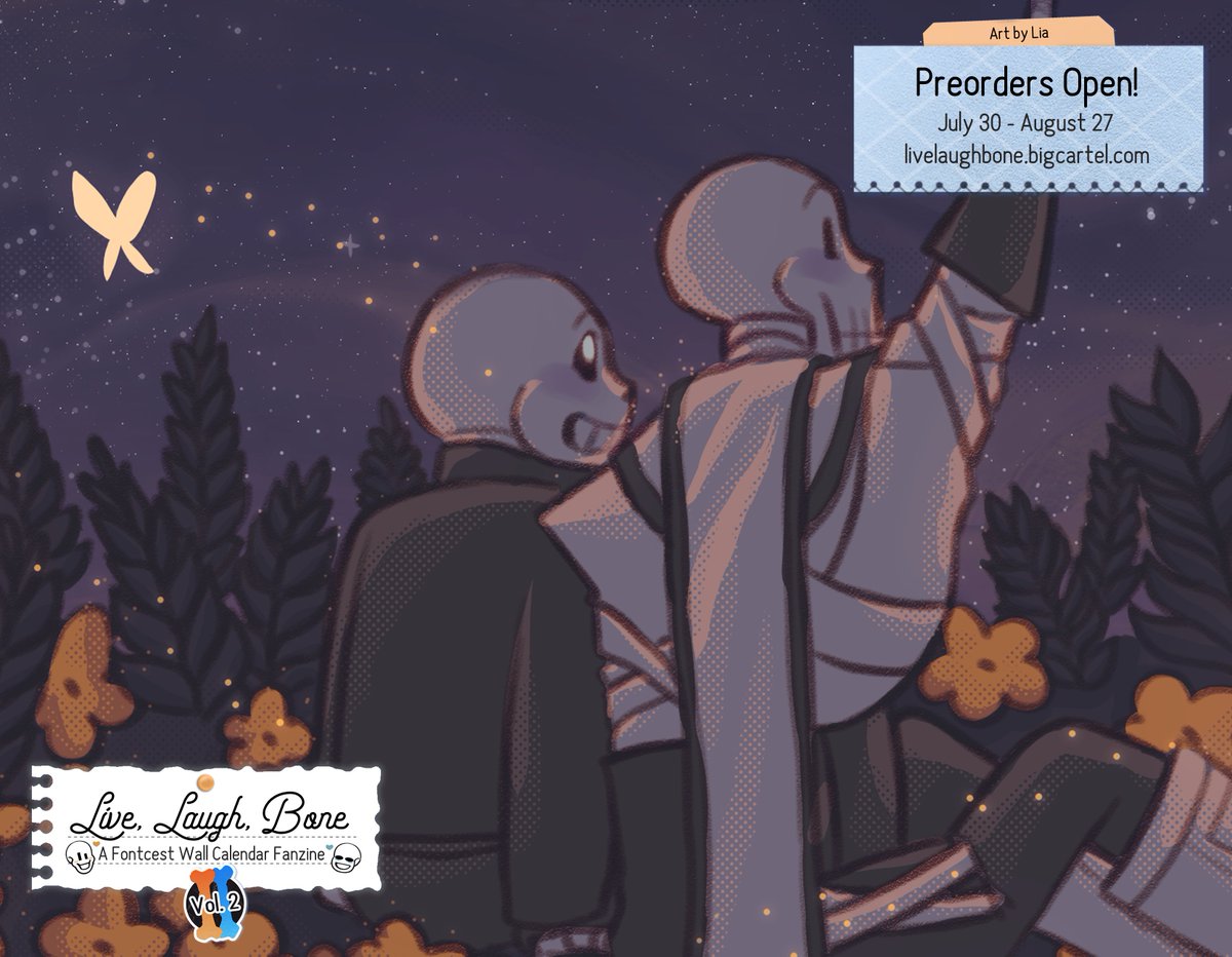 Wowie, who needs to pretend airplanes are shooting stars when you've got the real thing?

This Xtalecest piece by Lia is the main piece for August in Live, Laugh, Bone Vol. 2, our 2026 Fontcest wall calendar! Our fanzine is available for preorder in our shop from July 30-Aug 27!