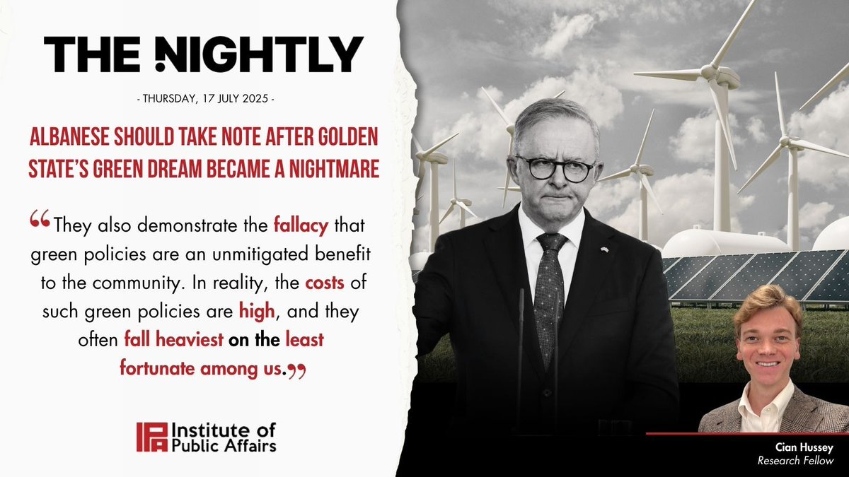 TheIPA's tweet image. “The green dream inevitably encounters reality.”
Net zero regulation has driven California to breaking point. Legislators are winding back activist driven regulation that is killing jobs in the ‘Golden State’.
In @thenightlyau, Cian Hussey writes Australia should be doing the…