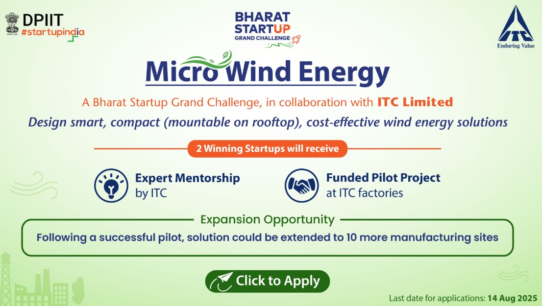 MAGICIncubation's tweet image. ITC, in collaboration with Startup India, DPIIT has launched Micro Wind Energy Challenge to invite startups to propose solutions for tackling real-time challenges.
If you are keen to bring about a change, don't miss the chance.
Apply Now: startupindia.gov.in/content/sih/en…
@ITCCorpCom…