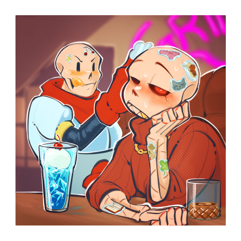 Looks like you're covered in something sticky, Red ;) ❤🧡

This sticker-themed piece by lafillehonteuse will be available in the August spread for Live, Laugh, Bone Vol. 2, our 2026 Fontcest wall calendar fanzine! Get your copy in our shop from July 30 through August 27!