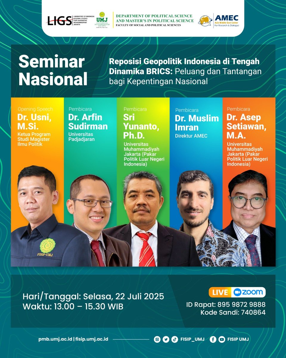 Catch our Director, Dr <a href="/muslimbinimran/">Muslim Imran</a> in today's webinar. [SEMINAR NASIONAL BRICS] “Reposisi Geopolitik Indonesia di Tengah Dinamika BRICS: Peluang dan Tantangan bagi Kepentingan Nasional”  Selasa, 22 Juli 2025 ⏰ Waktu: 13.00 – 15.30 WIB 📍 Link Zoom: us02web.zoom.us/j/89598729888?…