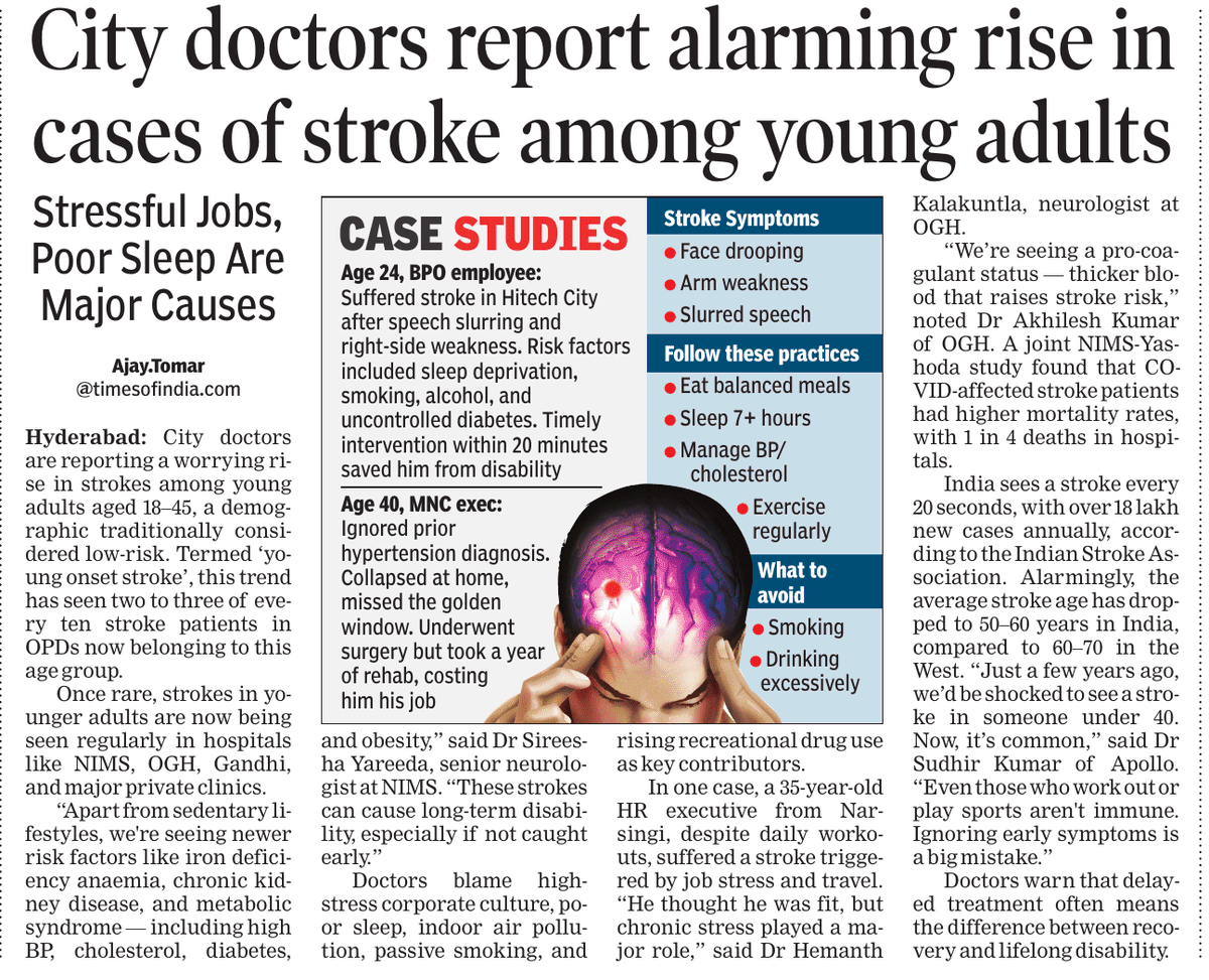 Dr Sudhir Kumar MD DM (@hyderabaddoctor) on Twitter photo 🔴Alarming increase in stroke cases among young adults
A timely and informative article prepared by <a href="/ajaytomarasks/">Ajay Tomar</a> published in the The Times of India has my quotes, alongside that of other experts.
<a href="/TOIIndiaNews/">TOI India</a> <a href="/TOIHyderabad/">TOI Hyderabad</a> 🔴Alarming increase in stroke cases among young adults
A timely and informative article prepared by <a href="/ajaytomarasks/">Ajay Tomar</a> published in the The Times of India has my quotes, alongside that of other experts.
<a href="/TOIIndiaNews/">TOI India</a> <a href="/TOIHyderabad/">TOI Hyderabad</a>