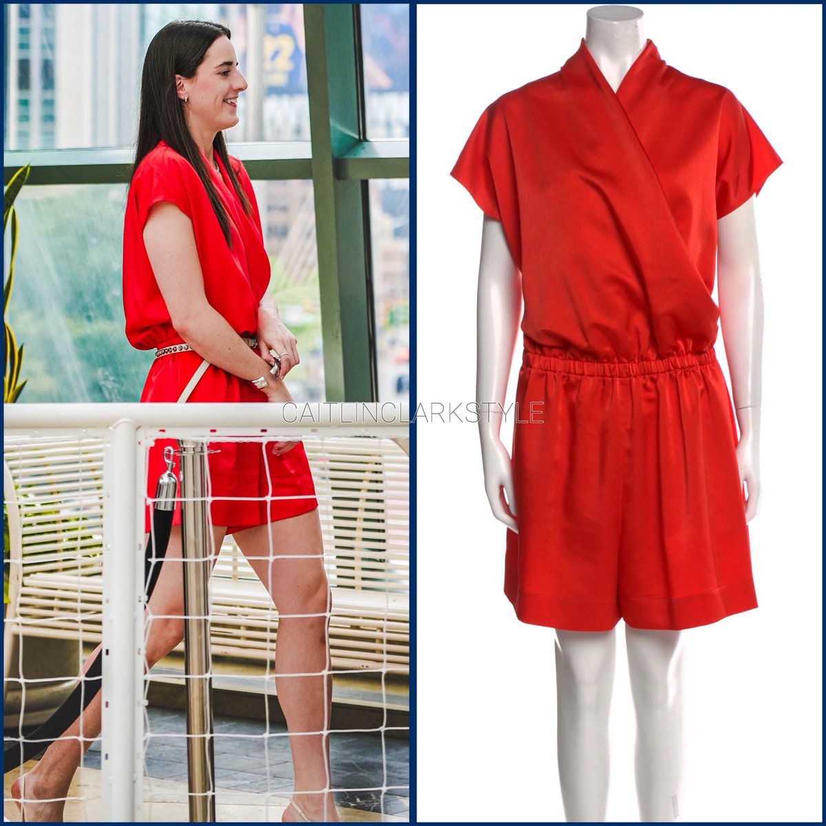 caitlinclarksty's tweet image. July 19, 2025: @CaitlinClark22 at Eli Lilly & Glamour Fireside Chat | Indianapolis, Indiana | wearing @Lanvin V-Neck Romper. Shop: Unavailable.
From the Spring Summer 2013 collection, this throwback bright rebel red romper matches the Eli Lilly backdrop perfectly.