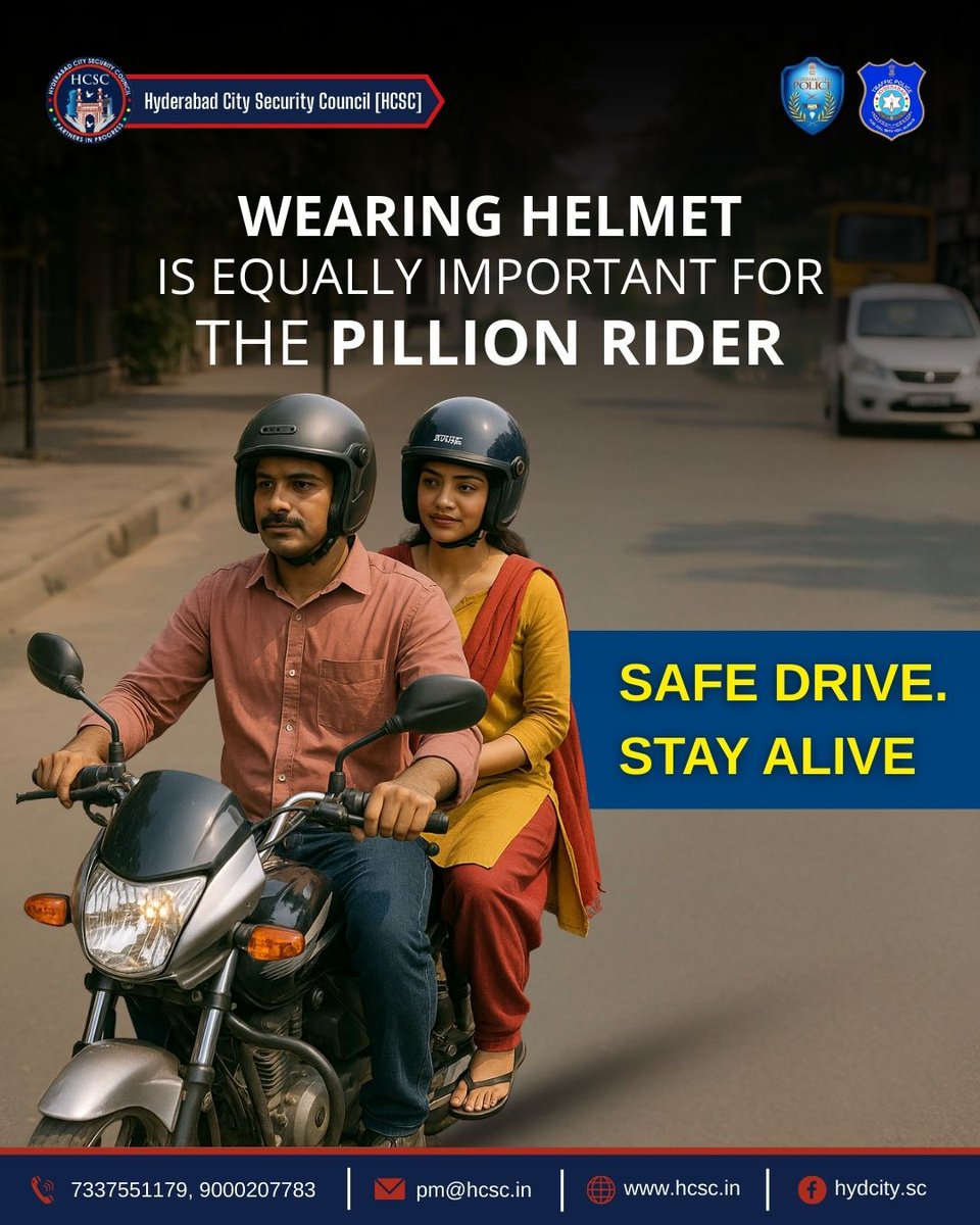 HCSC_Hyd's tweet image. For every journey on a two-wheeler, wearing a helmet is 

In case of an accident, a helmet is your most crucial protection, significantly reducing the risk of severe head injuries. Your safety, and the safety of your loved ones, is non-negotiable.

#HelmetSafety #RoadSafety