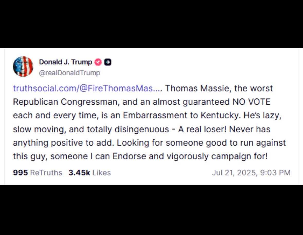 krassenstein's tweet image. BREAKING: Trump attacks Thomas Massie and seeks to primary him over him wanting to release the Epstein Files.
Don’t stop the pressure! Trump is sacred!