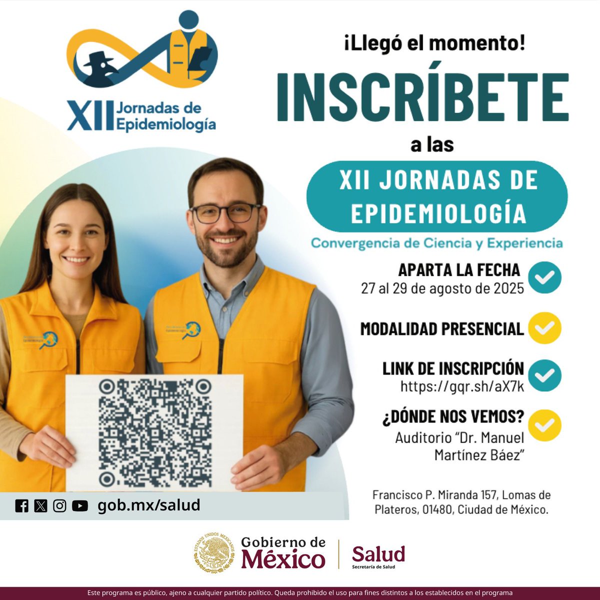 DGEMexico's tweet photo. Te invitamos a las “XII Jornadas de Epidemiología: Convergencia de ciencia y experiencia”, un evento que reúne lo mejor del conocimiento aplicado a la epidemiología.

🗓️ ¡Las inscripciones ya están abiertas! 👉 https://t.co/OUlqvIgqq7

📝 Formulario: 👉 https://t.co/YsfECoQU2h https://t.co/ewcS1SCRq0