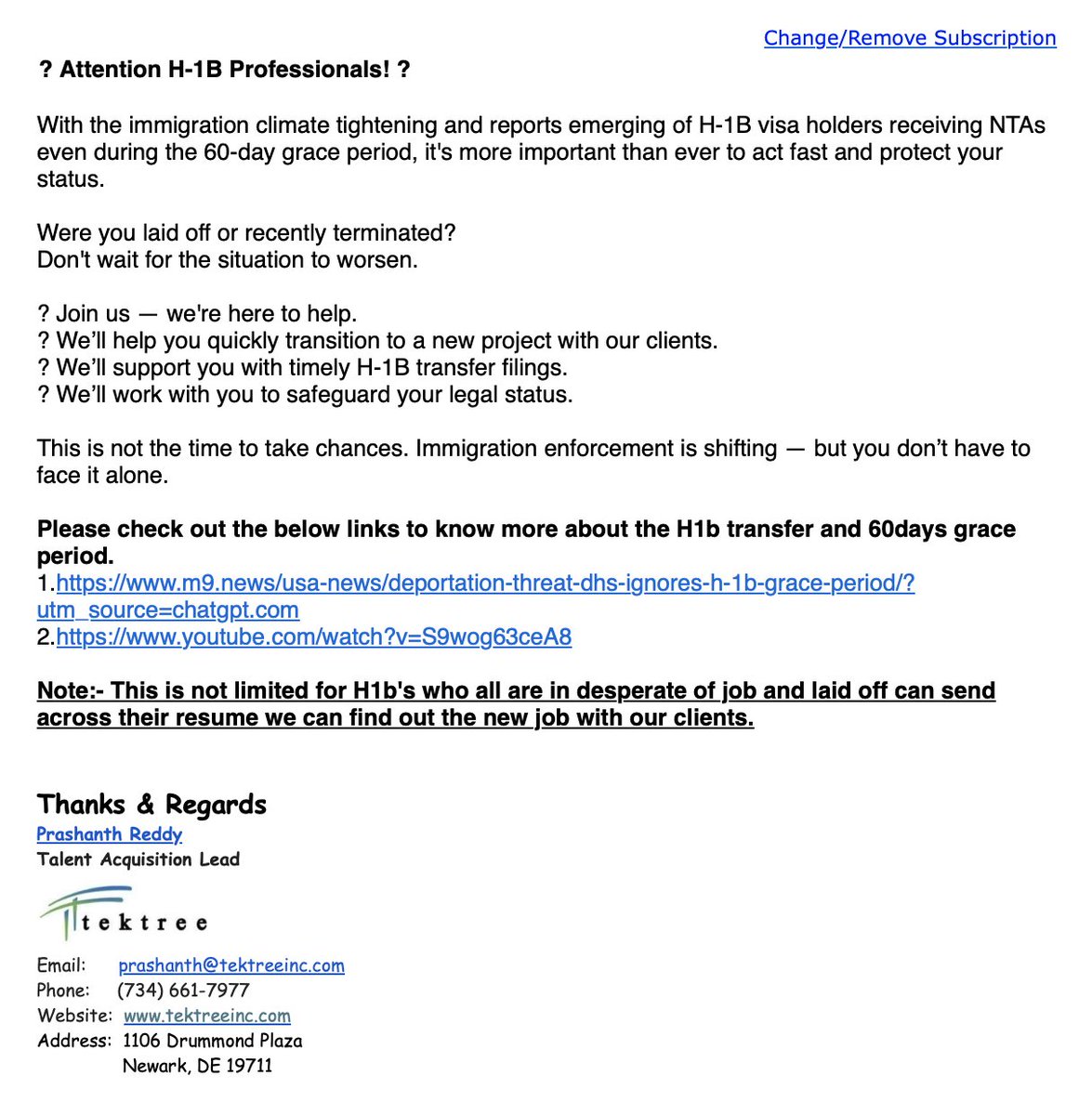 WalkInVerse's tweet image. 2026 H-1B cap filled, yet firms keep firing Americans while these India scab recruiters spam “grace-period rescue” to slot more imported replacements. It’s not collapsing; it’s accelerating. And you think a new job will go to an American.