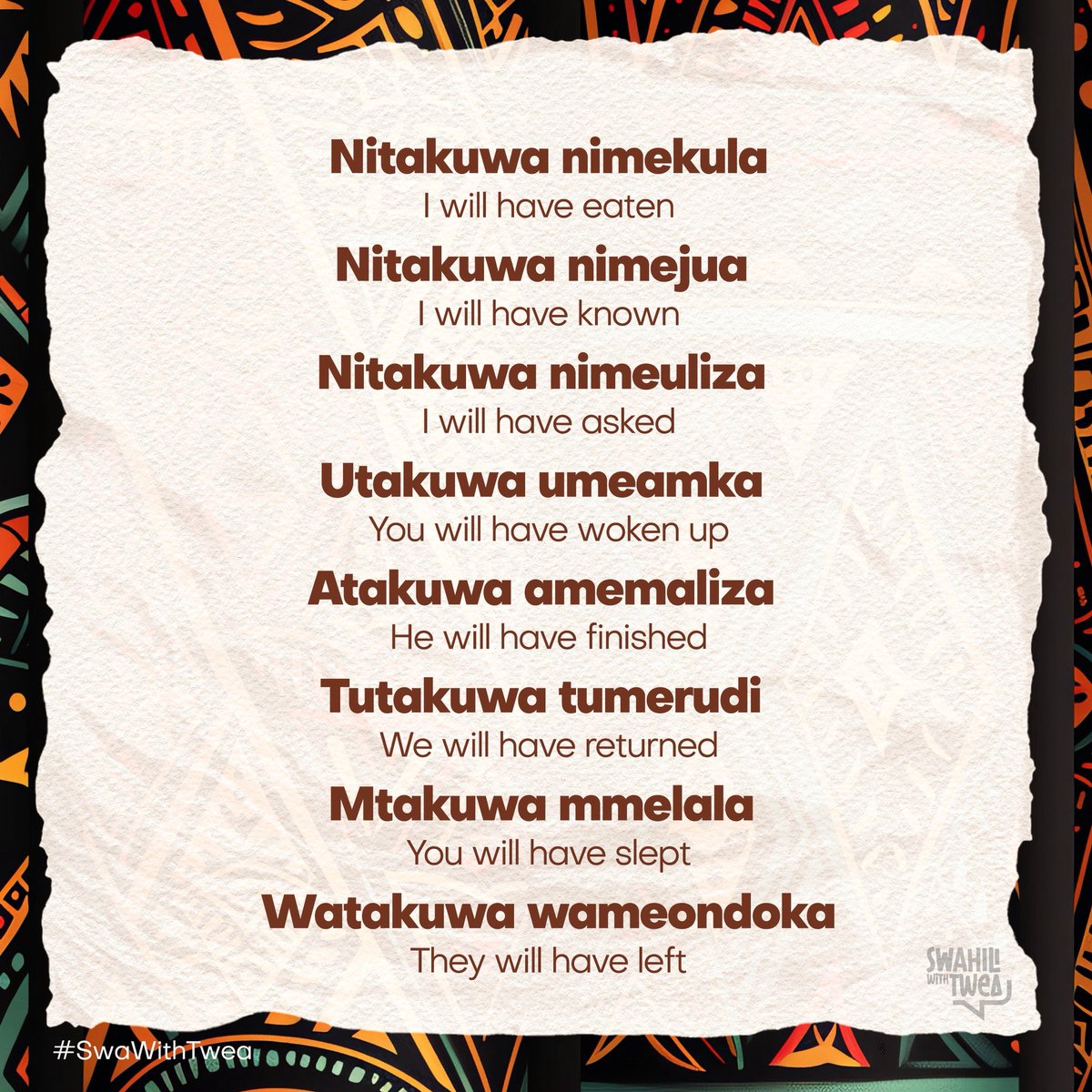 KiswahiliNaTwea's tweet image. Hamjambo
The #Swahili future perfect tense is represented by “-takuwa -me-”
Which is “Nitakuwa nime… - I will have… ” in the first person singular.
Expand your #Swahili grammar & diction.
#SwaWithTwea