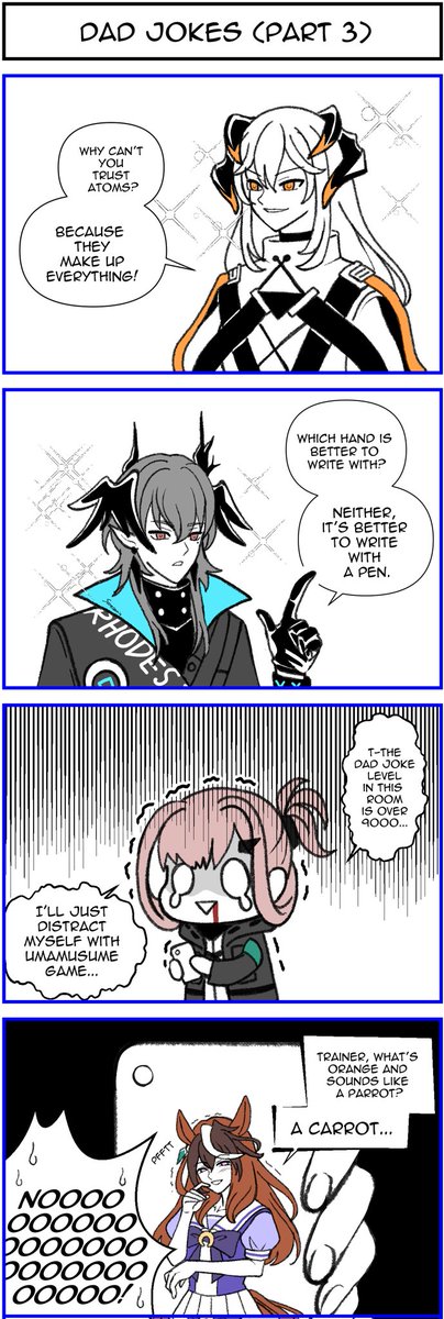 Sarasenia92's tweet image. Dad jokes here, dad jokes there, dad jokes everywhere 🥲
&lt;---read from right to left, click for full pic
#Arknights #umamusume