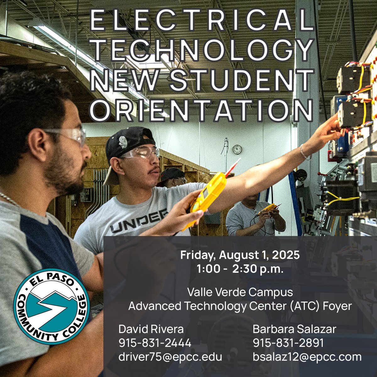 EPCC (@epccnews) on Twitter photo Join EPCC for an Electrical Technology New Student Orientation on Aug. 1 from 1:00 - 2:30 p.m. at the Valle Verde Campus ATC Foyer. For more info call (915) 831-2444 or (915) 831-2891 or email driver75@epcc.edu or bsalaz12@epcc.edu
<a href="/EPCCRecruitment/">EPCC Recruitment</a> #EPCCpride Join EPCC for an Electrical Technology New Student Orientation on Aug. 1 from 1:00 - 2:30 p.m. at the Valle Verde Campus ATC Foyer. For more info call (915) 831-2444 or (915) 831-2891 or email driver75@epcc.edu or bsalaz12@epcc.edu
<a href="/EPCCRecruitment/">EPCC Recruitment</a> #EPCCpride