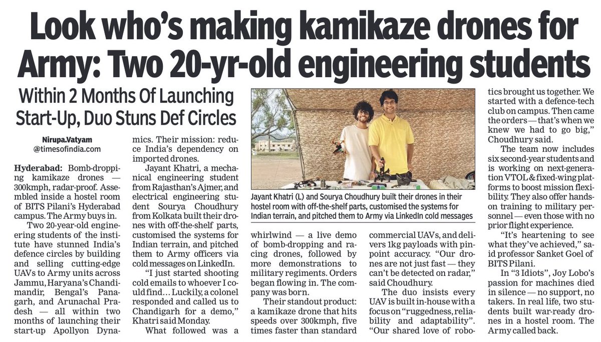 Anuraag_Shukla's tweet image. Two 20-Year-Olds Build Kamikaze Drones for Indian Army! Built with off-the-shelf parts, tested on rugged terrain, pitched via cold DMs.
Apollyon Dynamics stuns defence circles with radar-proof UAVs.