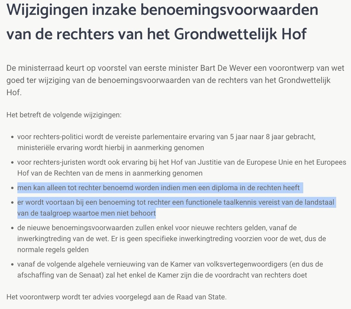 Theu_Mat's tweet image. Misschien onderbelicht, maar de Regering heeft een voorontwerp goedgekeurd ivm benoemingsvoorwaarden voor rechters in het Grondwettelijk Hof. Cfr. discussies in het verleden (Khattabi) moeten rechters-politici over een diploma in de rechten beschikken en functioneel NL/FR kunnen.