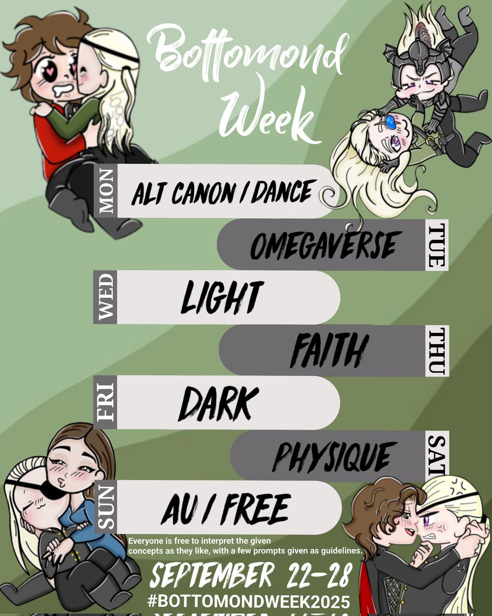 bottomondweek's tweet image. Introducing Bottomond Week 2025! This is an event encouraging fanworks featuring Bottom Aemond. Any ship is welcome as long as Aemond is the bottom.
This event will start on the 22nd of September and end on the 28th.