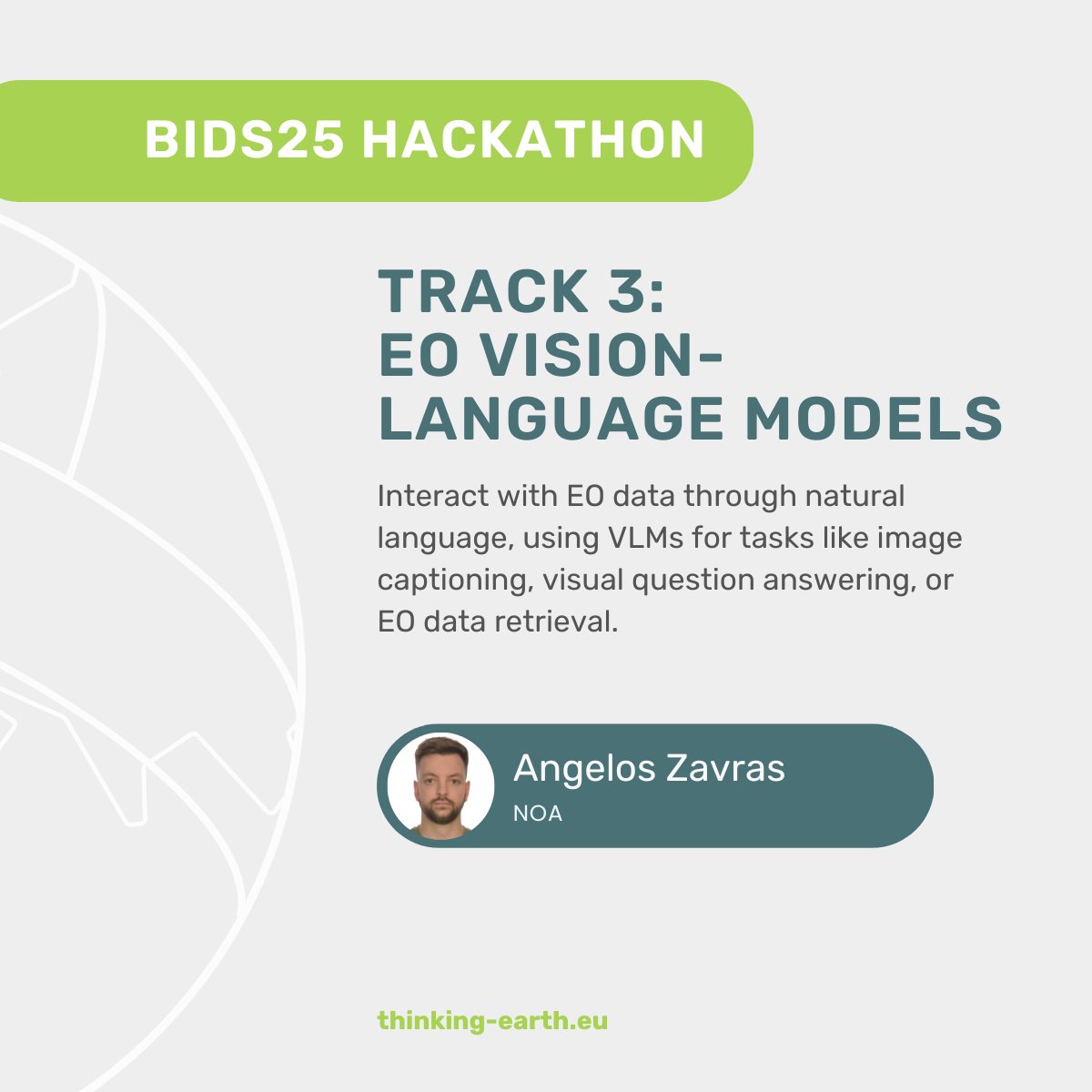 Next up for the ThinkingEarth Hackathon (29–30 Sept): Angelos Zavras will guide Track 3: EO Vision-Language Models. Caption images. Ask questions. Retrieve EO data — all through natural language! Register here: tinyurl.com/a6u2swjh
#ThinkingEarth #Hackathon #EO #AI