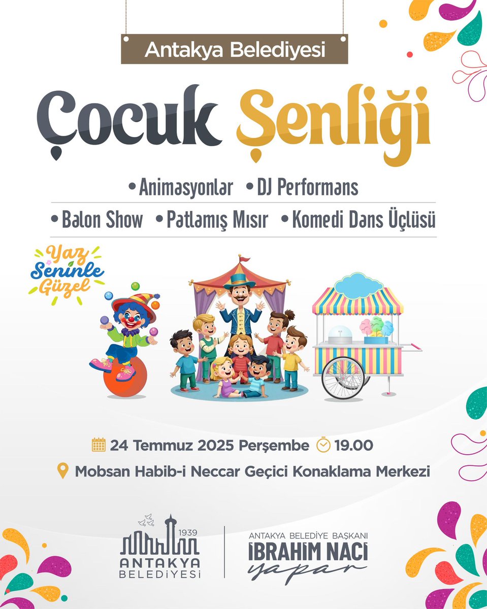 AntakyaBld's tweet image. 24 Temmuz Perşembe günü, Mobsan Habib-i Neccar Geçici Konaklama Merkezi'nde çocuklarımız için dopdolu bir gün hazırladık! 💫
🎭 Animasyonlar
🎶 DJ performans
🍿 Patlamış mısır ikramı ve daha fazlası…
Çocukların kahkahalarıyla şenlenecek bu günde hep birlikte olmaya bekliyoruz!