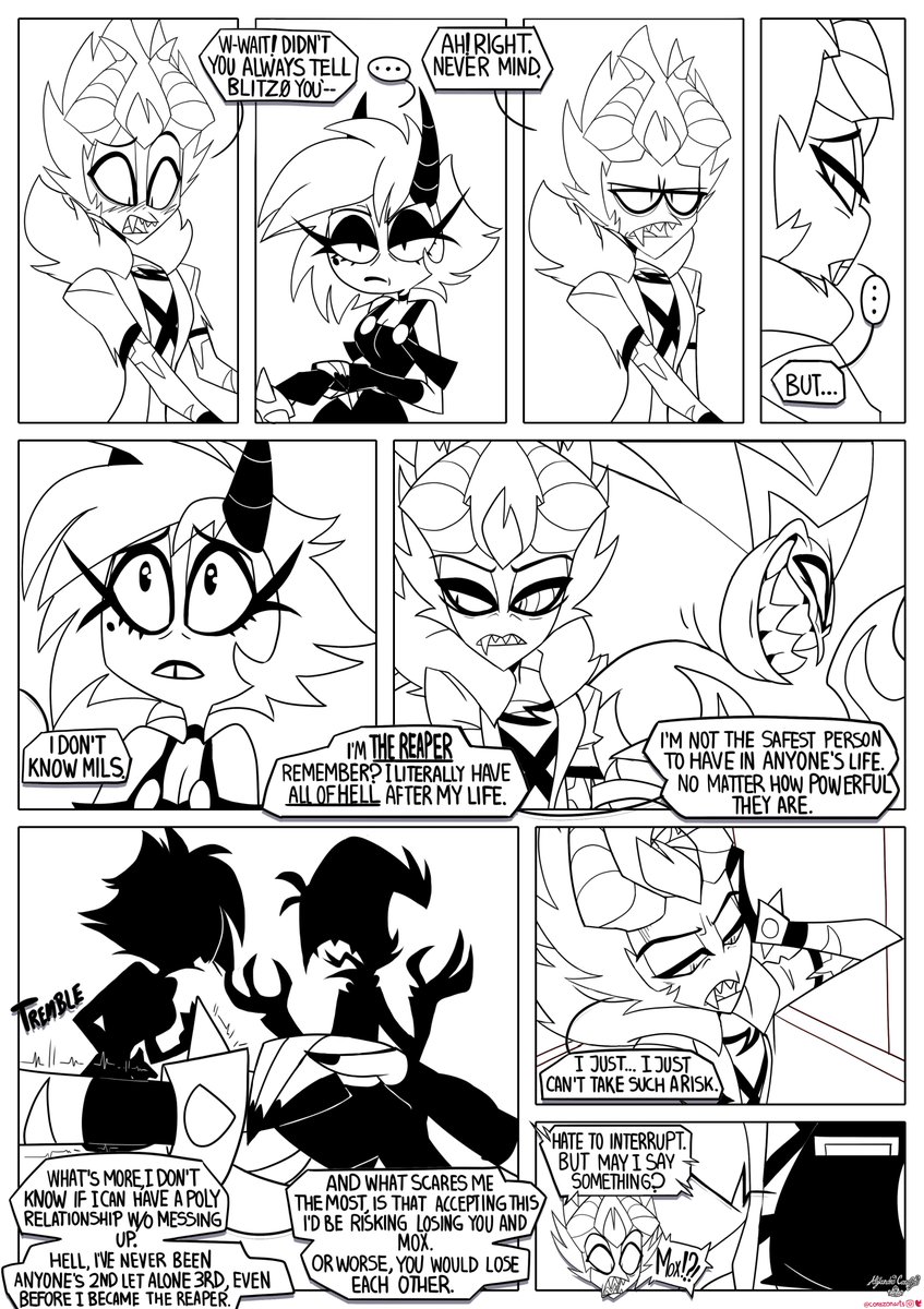 My second #comic line art #Commission for <a href="/TriplelLife/">shadow</a> !
Last night M&amp;M invited #Aless to hang out at their place, but after a blackout things took a... unexpected turn.
Ship: #ImpingAround
1/2 
#HelluvaBoss #HelluvaBossFanart  #Millie #Hellaverse #Moxxie #ReaperWrangler #fanart