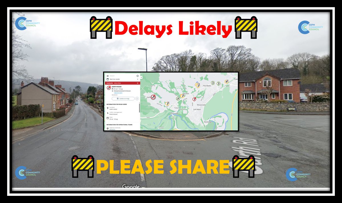 AndrewRuscoe's tweet image. 🚧 PLEASE RETWEET: Cefn Community Council Roadworks & Travel Update 🚧
Keeping residents informed and helping reduce unnecessary travel across Cefn, Acrefair, Cefn Mawr & surrounding communities. Please see the latest roadworks and traffic notices:
📍 Garth Road, Trevor,…
