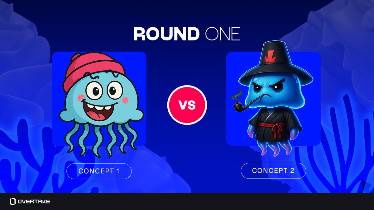 overtake_world's tweet photo. TAKUMI: Battle of Concepts – Round 1 

Two jellyfish. Two identities. One winner.

⚡️ Concept 1: A bold cartoon icon,  flat 2D, exaggerated expression, classic animation style.

⚔️ Concept 2: A stylized jelly-warrior , deep-shaded, mythic, fused with digital armor.

Help shape TAKUMI. Vote now ↓