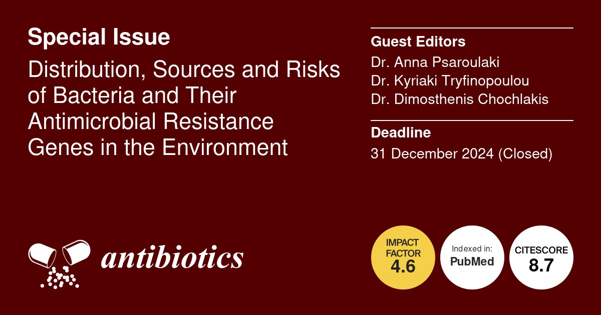 antibioticsmdpi's tweet image. 📢We have published 8 Papers in the Special Issue: "Distribution, Sources and Risks of Bacteria and Their Antimicrobial Resistance Genes in the Environment"
📝Guest Edited by Dr. Anna Psaroulaki, Dr. Kyriaki Tryfinopoulou and Dr. Dimosthenis Chochlakis
👉mdpi.com/journal/antibi…