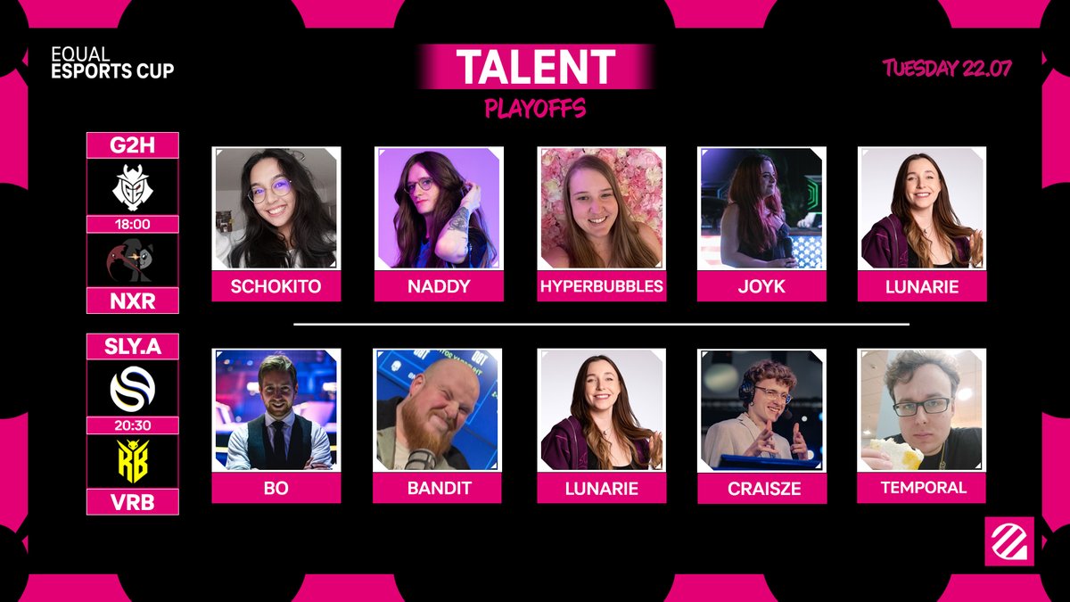 The EUniverse (@the_euniverse) on Twitter photo Talent for #EqualEsportsCup 2025 Playoffs UB Round 1:-
- <a href="/SonjaZuegner/">Schokito</a>
- <a href="/Nadsat247/">naddy</a>
- <a href="/hyperbubblesAFK/">Leo</a>
- <a href="/xJoyK/">JOY K.π</a>
- <a href="/Lunarie_ttv/">Lunarie</a>
- <a href="/BoScheermeijer/">Gentleman Bo</a>
- <a href="/CasterBandit/">(hus)Bandit</a>
- <a href="/craisze_/">cas!</a>
- <a href="/TemporalLoL/">Temporal</a>
Producer: <a href="/Icefireideprod/">Nicholas "Icefireide" Hall</a>
<a href="/G2League/">G2 League of Legends</a> vs NXR at 1800H
Stream: twitch.tv/euniverse_tv Talent for #EqualEsportsCup 2025 Playoffs UB Round 1:-
- <a href="/SonjaZuegner/">Schokito</a>
- <a href="/Nadsat247/">naddy</a>
- <a href="/hyperbubblesAFK/">Leo</a>
- <a href="/xJoyK/">JOY K.π</a>
- <a href="/Lunarie_ttv/">Lunarie</a>
- <a href="/BoScheermeijer/">Gentleman Bo</a>
- <a href="/CasterBandit/">(hus)Bandit</a>
- <a href="/craisze_/">cas!</a>
- <a href="/TemporalLoL/">Temporal</a>
Producer: <a href="/Icefireideprod/">Nicholas "Icefireide" Hall</a>
<a href="/G2League/">G2 League of Legends</a> vs NXR at 1800H
Stream: twitch.tv/euniverse_tv
