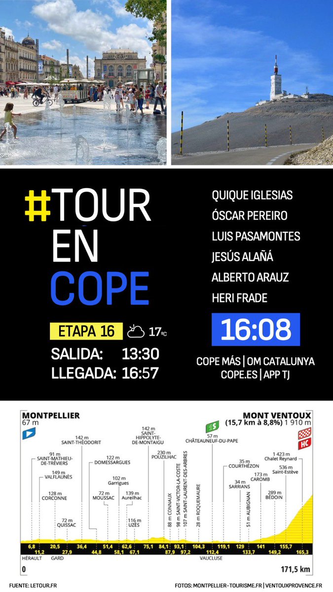 💥🇫🇷 16ª etapa del #TdF2025          

📍 Montpellier - Mont Ventoux (171 kms)

🌤️ 17ºC  

📻 16:00h <a href="/COPE/">COPE</a> Más
💻 cope.es
📲 app <a href="/tjcope/">Tiempo de Juego</a>

🎙 <a href="/herifrade/">Heriberto Frade</a>
🇫🇷 <a href="/qiglesias/">Quique Iglesias</a>
👨🏻‍🎓 <a href="/oscarpereiro/">Oscar Pereiro</a>
👨🏻‍🎓 <a href="/pasamontesluis/">Luis Pasamontes</a>
👨🏻‍🎓 <a href="/capitan_alana/">Jesús Alañá</a> 
👨🏻‍🎓 <a href="/AlbertoArauzM/">Alberto Arauz</a>

#TourEnCOPE