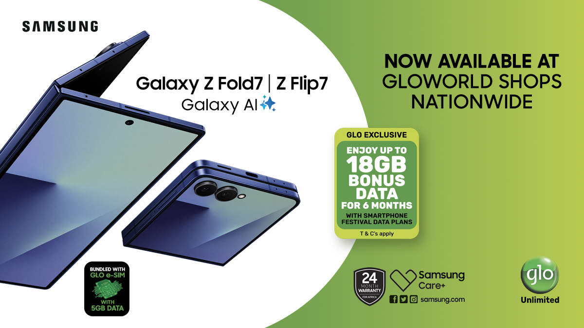 GloWorld's tweet image. Available Nationwide!
The Samsung Galaxy Z Fold7 and Z Flip7 are now officially available at Gloworld shops nationwide. Enjoy:
🔹 Glo eSIM and 5GB data
🔹 18GB bonus data for 6 months on Glo’s Smartphone Festival Data Plans
🔹 Galaxy AI for smarter performance, visuals, and…