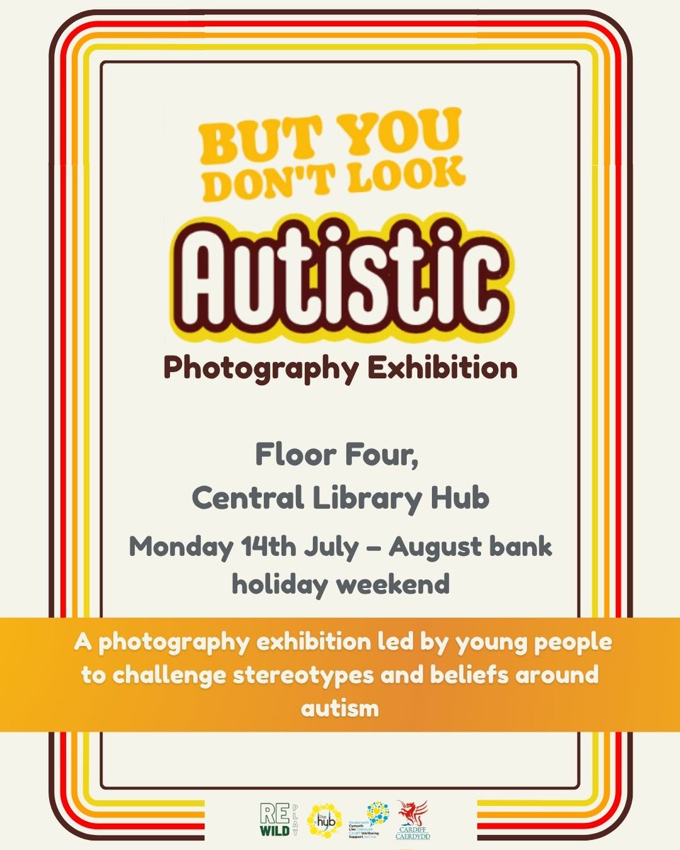 Visit #ButYouDontLookAutistic exhibition at Cardiff Central Library Hub – a vibrant showcase of autistic creativity &amp; lived experience.
🗓️ Open daily till 23 Aug
🎟️ Free
<a href="/rewildplay/">RewildPlayCharity</a>  <a href="/Car_Wellbeing/">Lles Caerdydd / Cardiff Wellbeing</a>
