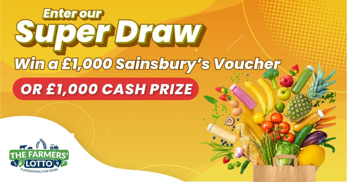 🎉 JULY SUPERDRAW – SAT 26TH JULY 🎉
Play The Farmers’ Lotto and you’re in for more than just the jackpot! 🌟
🎁 Every ticket = a chance to win bonus prizes!
🎮 This month’s Superdraw prize: £1000 Sainsbury's Voucher or £1000 cash!
💻 Join the community &amp; support a great cause:
