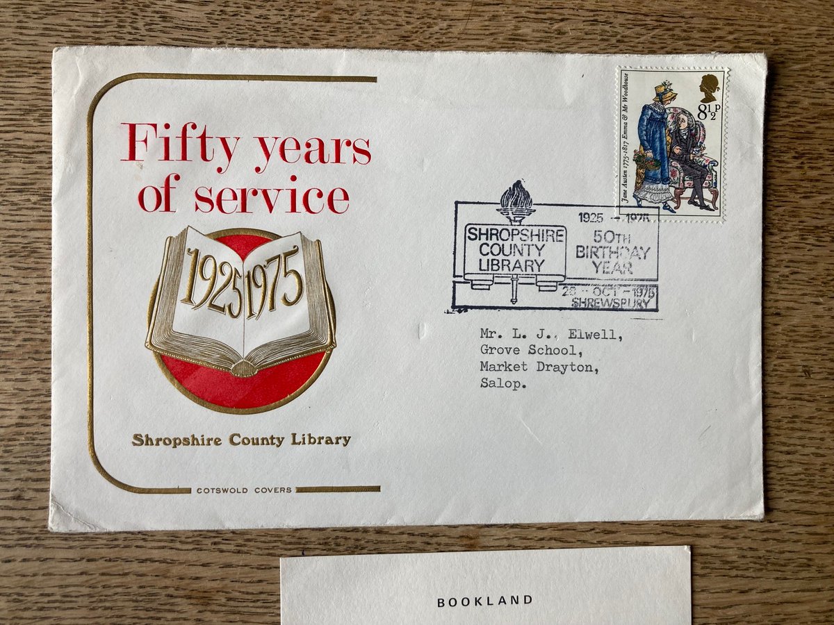 ShropLibraries's tweet image. To celebrate our 50th anniversary in 1975, customers could have a special Shropshire Libraries envelope sent to them, complete with Jane Austen commemorative stamp! Wonder how many are still out there? #shropshirelibraries100 #loveyourlibrary
