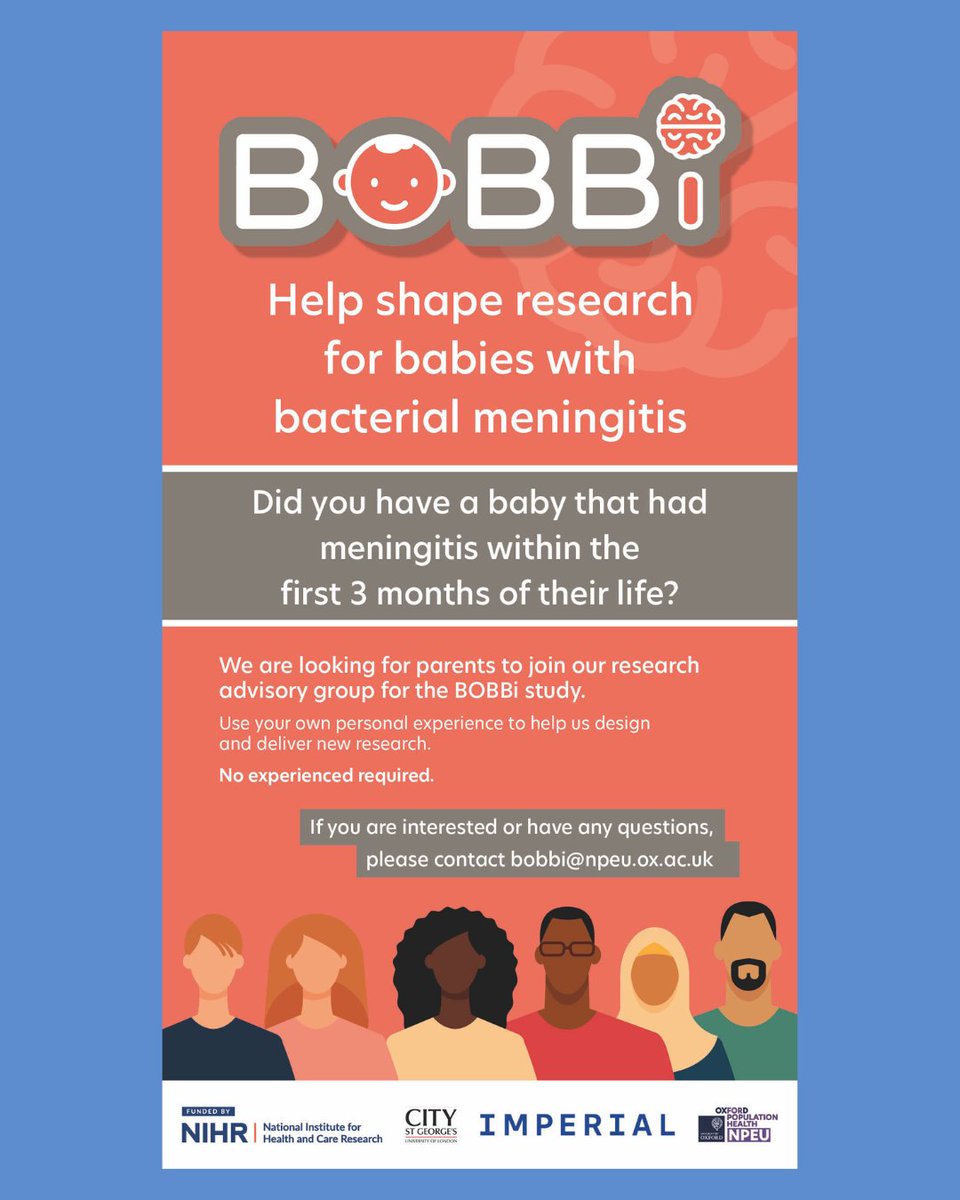 Group B Strep Support (@gbssupport) on Twitter photo Did your baby have meningitis in their first three months of life? The BOBBi study is looking for parents to join their advisory group to help design and guide research into bacterial meningitis in babies.
To find out more or get involved, email: bobbi@npeu.ox.ac.uk Did your baby have meningitis in their first three months of life? The BOBBi study is looking for parents to join their advisory group to help design and guide research into bacterial meningitis in babies.
To find out more or get involved, email: bobbi@npeu.ox.ac.uk