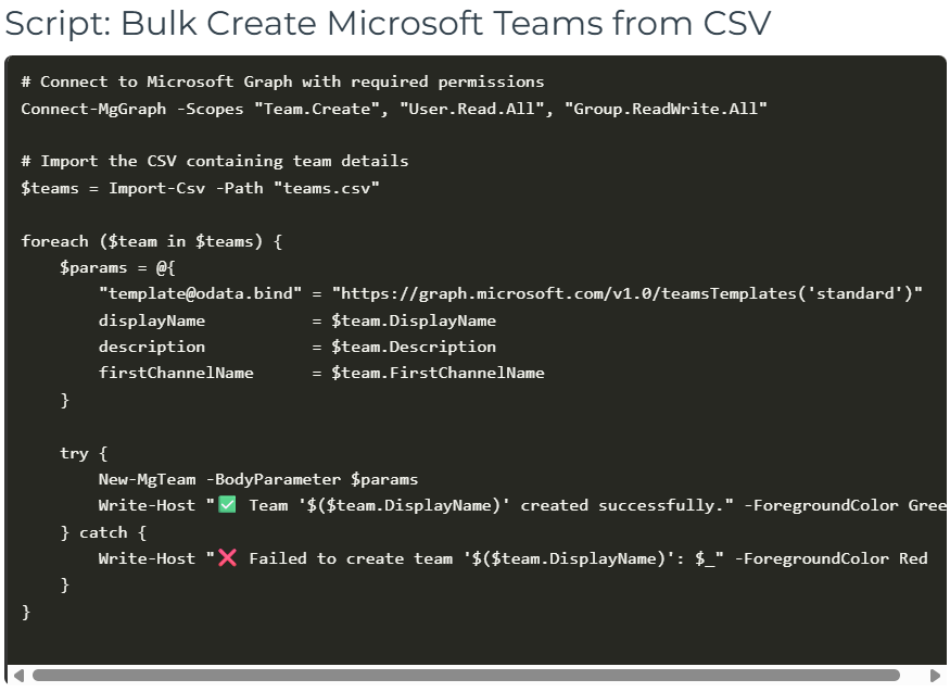 m365corner's tweet image. Creating Microsoft Teams one by one? 😩
Use this Graph PowerShell script to bulk create Teams from a CSV file — perfect for onboarding, projects, or large-scale setups.
📂 Full guide + script: m365corner.com/m365-powershel…
#MicrosoftTeams #PowerShell #GraphAPI #M365Admin #Automation