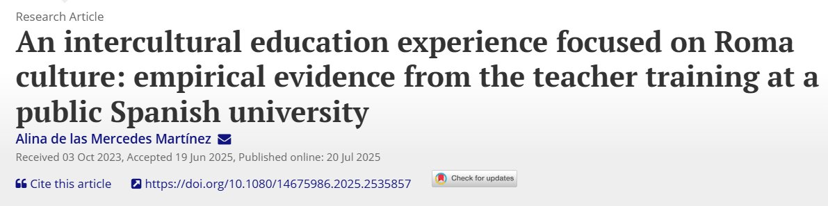 Grupo EMIPE (@grupoemipe) on Twitter photo "An intercultural education experience focused on Roma culture: empirical evidence from the teacher training at a public Spanish university" es el nuevo artículo sobre la inclusión socioeducativa del alumnado gitano de nuestra compañera <a href="/AlinaMSnchez1/">AlinaMSanchez</a>.
🛜doi.org/10.1080/146759… "An intercultural education experience focused on Roma culture: empirical evidence from the teacher training at a public Spanish university" es el nuevo artículo sobre la inclusión socioeducativa del alumnado gitano de nuestra compañera <a href="/AlinaMSnchez1/">AlinaMSanchez</a>.
🛜doi.org/10.1080/146759…