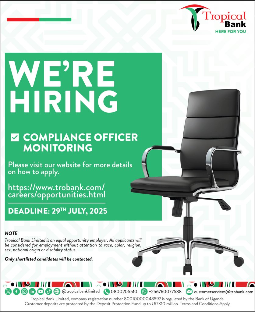 TropicalBankUG's tweet image. Join Our Team!
Tropical Bank Ltd is looking for a talented and experienced Compliance Officer Monitoring to join our team.
If you believe you're the right fit?
Click here to apply: trobank.com/careers/opport…
#TropicalBankCareer #HereForYou @JobclinicUg