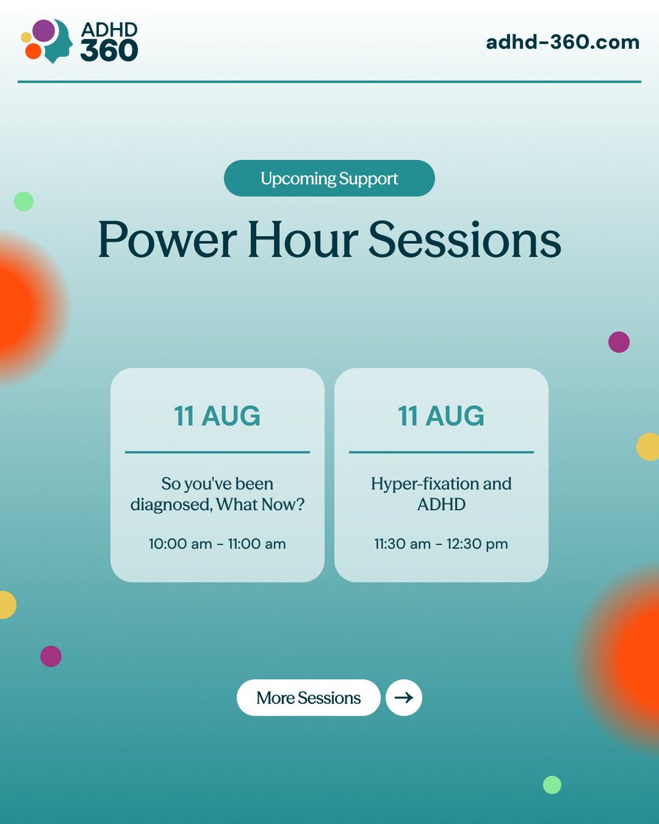 ⏰ Upcoming Support: Power Hour Sessions⏰ 
✔️ 31 July: So you’ve been diagnosed, what now?, 1:00pm - 2:00pm
✔️ 31 July: ADHD &amp; sensory issues, 5:45pm - 6:45pm
✔️ 31 July: Navigating relationships with ADHD, 7:00pm - 8:00pm
✔️  4 August: ADHD and the Menopause, 10:00am - 11:00am