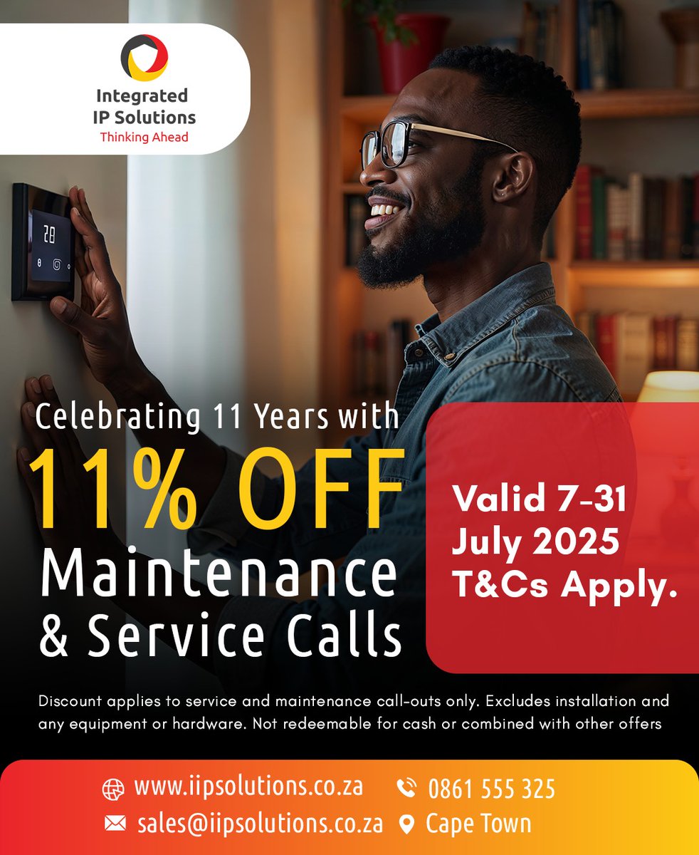 LAST CHANCE! 🎉 Our Birthday Promo ends soon! Get 11% OFF all maintenance &amp; service call-outs until 31 July 2025! 🚨 Slots are filling up fast!

📩 Sales@iipsolutions.co.za  
🌐 iipsolutions.co.za  
📞 086 155 5325  
‼️ T&amp;Cs apply.