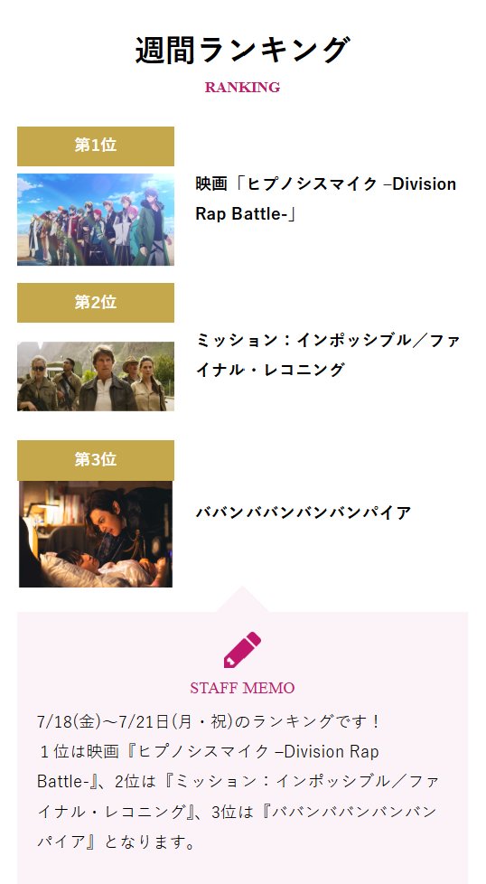 HUMAX_SHIBUYA's tweet image. ーーーーーーーーーーーー
#渋谷HUMAXシネマ
週末映画ランキング🎞(7/18-7/21)
2025.7.22更新
ーーーーーーーーーーーー
🥇 #ヒプノシスマイク -Division Rap Battle- #ヒプムビ
🥈 #ミッションインポッシブル/#ファイナルレコニング
🥉 #ババンババンバンバンパイア