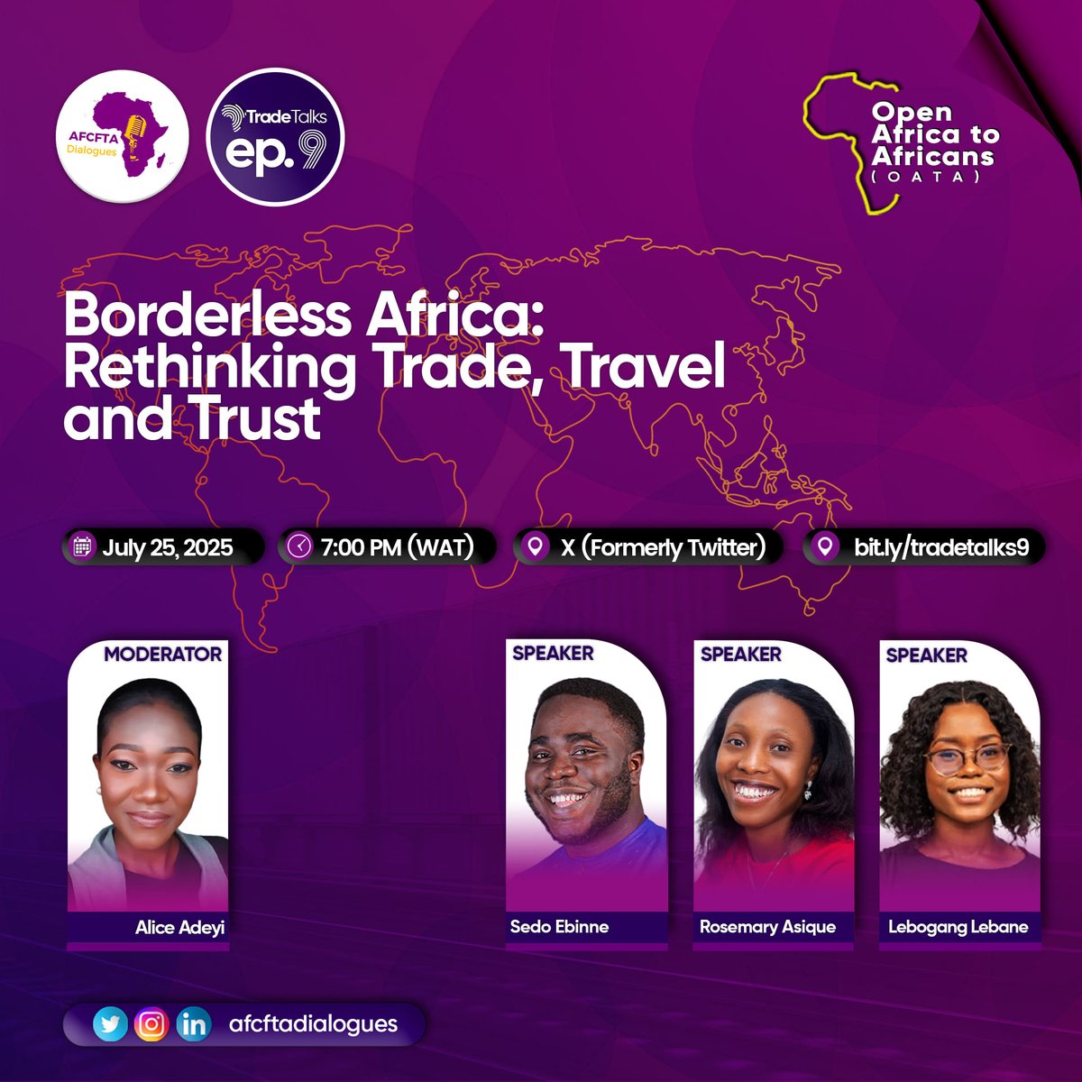 afcftadialogues's tweet photo. One year after launching the #OpenAfricatoAfricans project, we are back to reflect and rethink. 
Join us for TradeTalks Ep.9:
Borderless Africa: Rethinking Trade, Travel &amp; Trust

📅 July 25 | ⏰ 7PM WAT
📍 X (Twitter)
🔗 https://t.co/eb0x8Y6bTw

#AfCFTADialogues #OATA #TradeTalks https://t.co/6xKVQv1HlG