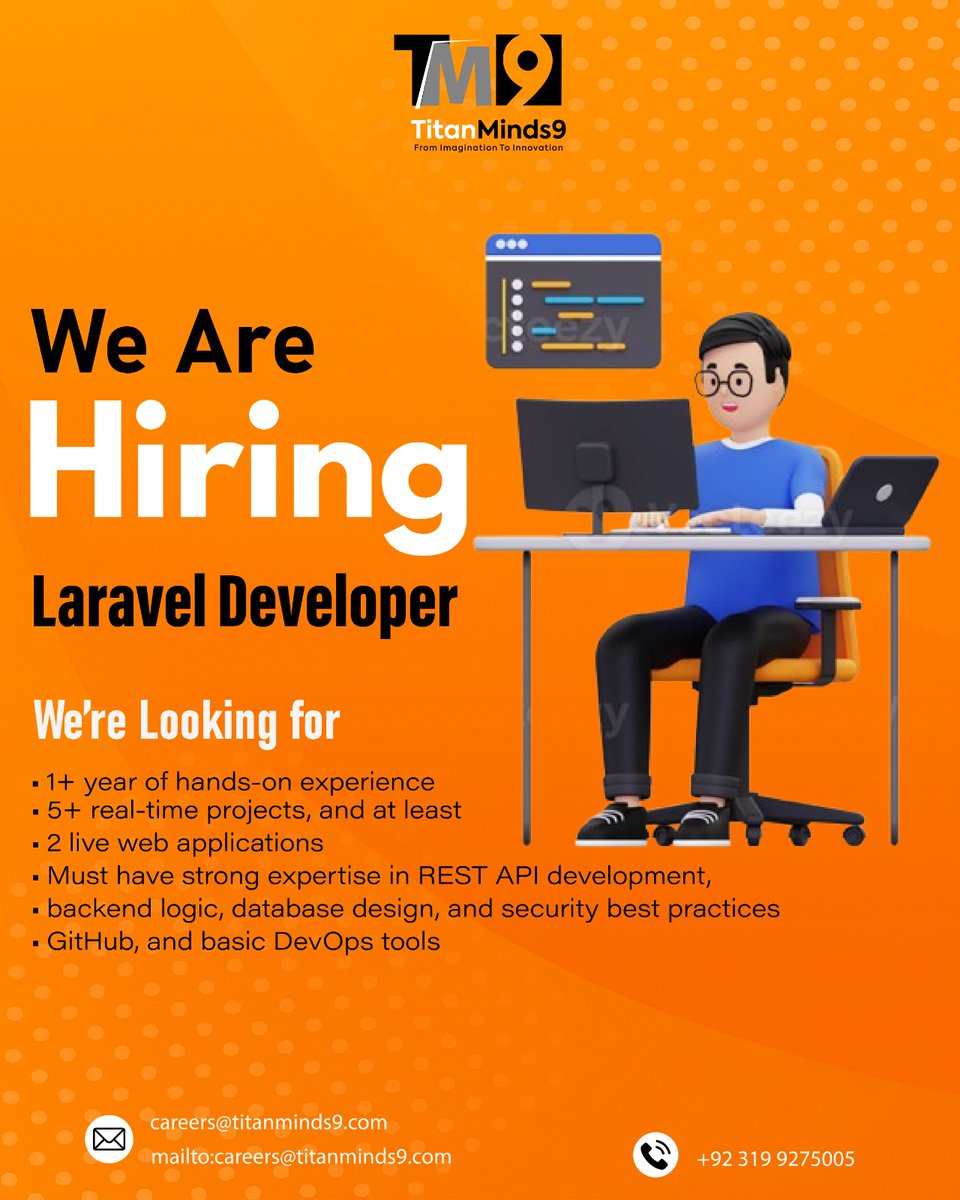 TitanMinds9's tweet image. 💼 We’re Hiring: Laravel Developer!

🌟 Be part of an innovative team building tomorrow’s digital solutions today. Apply now and let your code speak!

📧 careers@titanminds9.com
📞 +92 312 3966913

#LaravelDeveloper #WebDevelopment #PHPJobs #NowHiring #JoinTitanMinds9