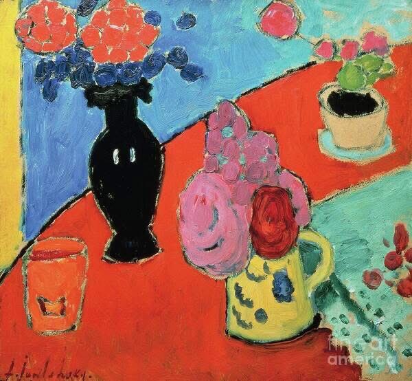 olgatuleninova's tweet image. Alexej von Jawlensky, (1864 1941) Russian artist who worked mostly in Germany, member of the notable expressionist group Der Blaue Reiter along with fellow Russian artists Wassily Kandinsky, Natalia Goncharova, and Marianne von Werefkin.
Still life with vase and jug. 1909.