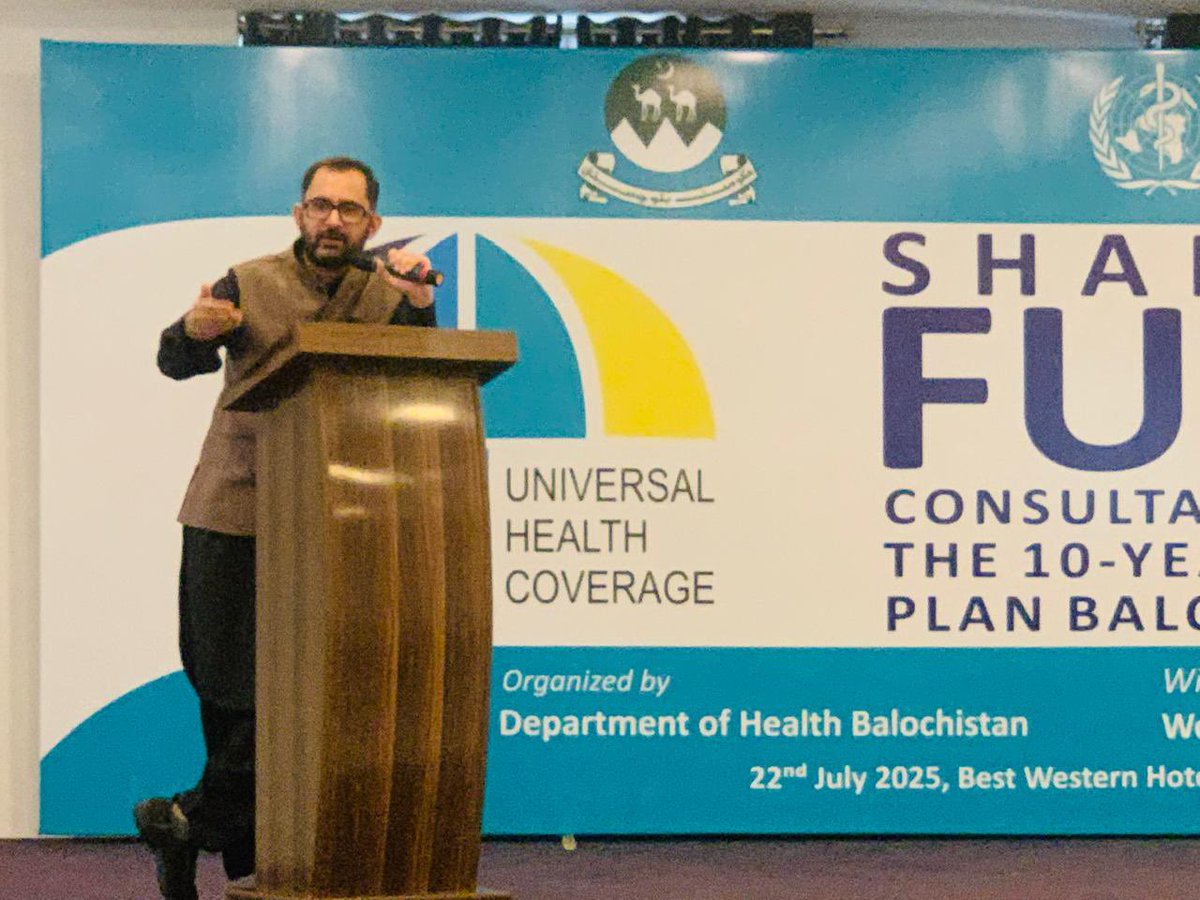 HealthDepartme5's tweet image. With WHO support, Health Dept Balochistan held “Shaping the Future”—a consultative workshop on the 10-Year Health Sector Plan in Quetta on 22 July 2025. #UHC #HealthBalochistan #WHO
@bakhtkakar43 @PakSarfrazbugti @BBhuttoZardari