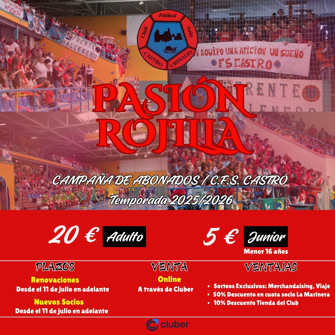 CFS_Castro's tweet image. CAMPAÑA DE SOCIOS 25/26
Seguimos sumando personas que no abandonan nunca al C.F.S. Castro Urdiales. Por tan solo 20€ (Adultos) y 5€ (Junior - menor de 16 o 16 años) puedes sumarte al color rojillo y aprovechar las diferentes ventajas que ofreceremos a lo largo de la temporada.