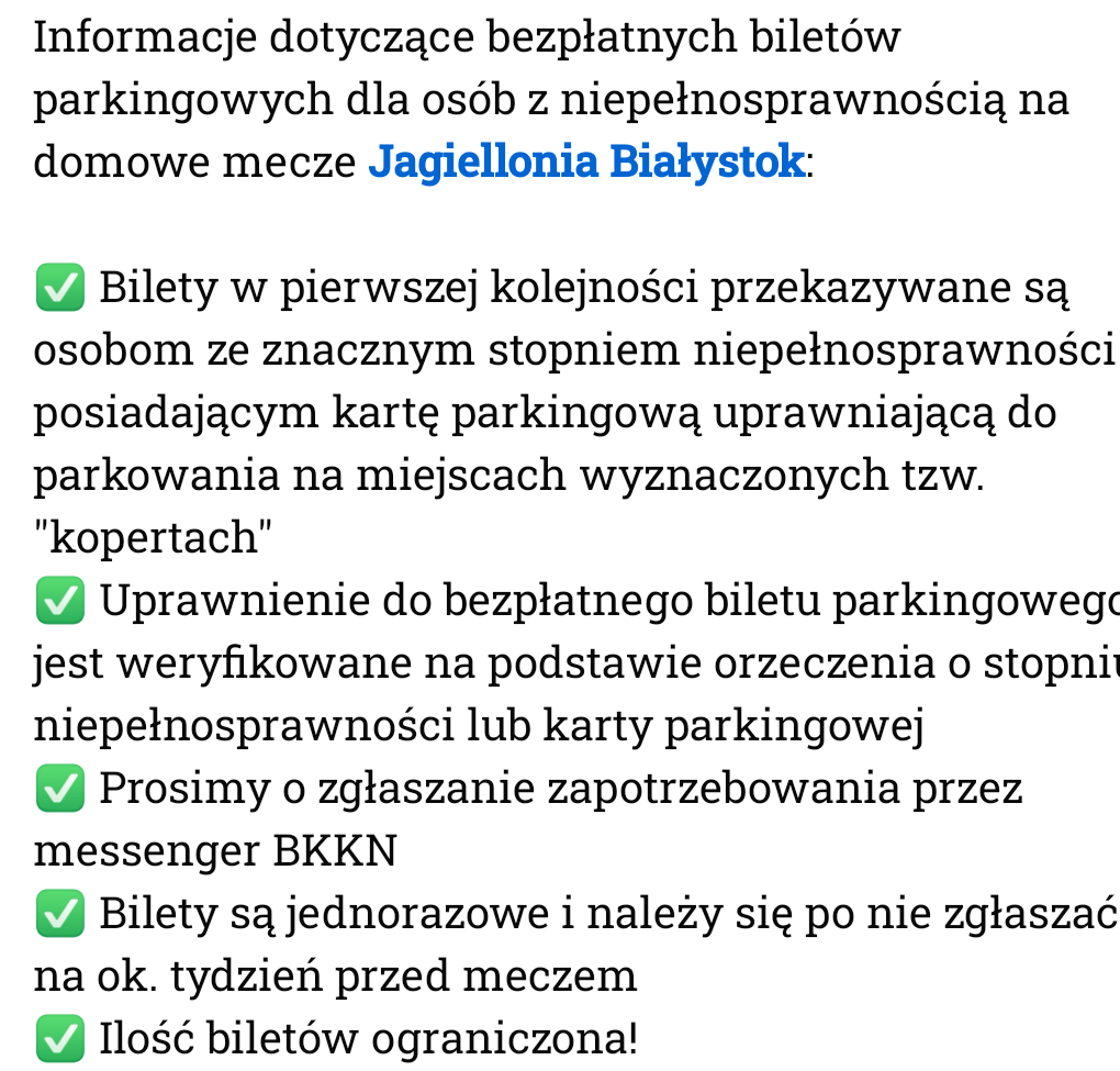 Informacje dotyczące bezpłatnych biletów parkingowych dla osób z niepełnosprawnością na domowe mecze Jagiellonia Białystok: 
👇