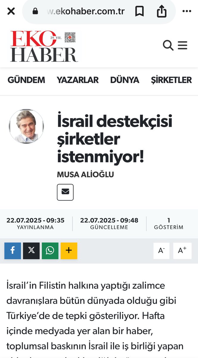 Musa Alioğlu
Ekohaber’de yazdı

İsrail destekçisi 
şirketler istenmiyor! ekohaber.com.tr/israil-destekc…