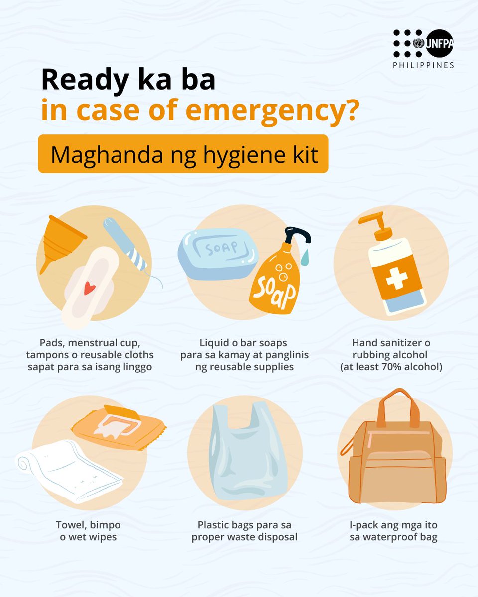 UNFPAph's tweet image. Periods don't pause for emergencies.
Maghanda ng hygiene kit bilang bahagi ng iyong go-bag. Tiyaking may mga gamit para sa kalinisan at proteksyon sa kalusugan, lalo na kung kailangang lumikas.
Manatiling ligtas at handa!
#DantePH #SRH #UNFPA #UNFPAPhilippines