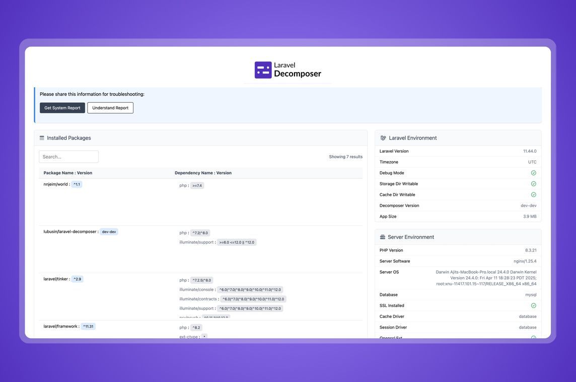 MadeWithLaravel's tweet image. Laravel Decomposer is a package by @lubusIN to decompose your installed packages, their dependencies, your app & server environment ⚙️ - madewithlaravel.com/laravel-decomp…