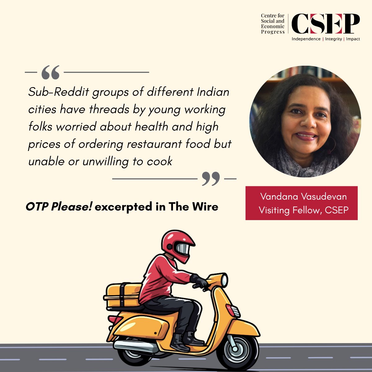 CSEP_Org's tweet image. How is food delivery changing the way we eat? @V_Vasudevan’s "OTP Please!" explores the trade-off between convenience, health, and cost in the age of delivery apps. Read an excerpt in @thewire_in: m.thewire.in/article/books/…
#OTPPlease #gigworkers #BookReview