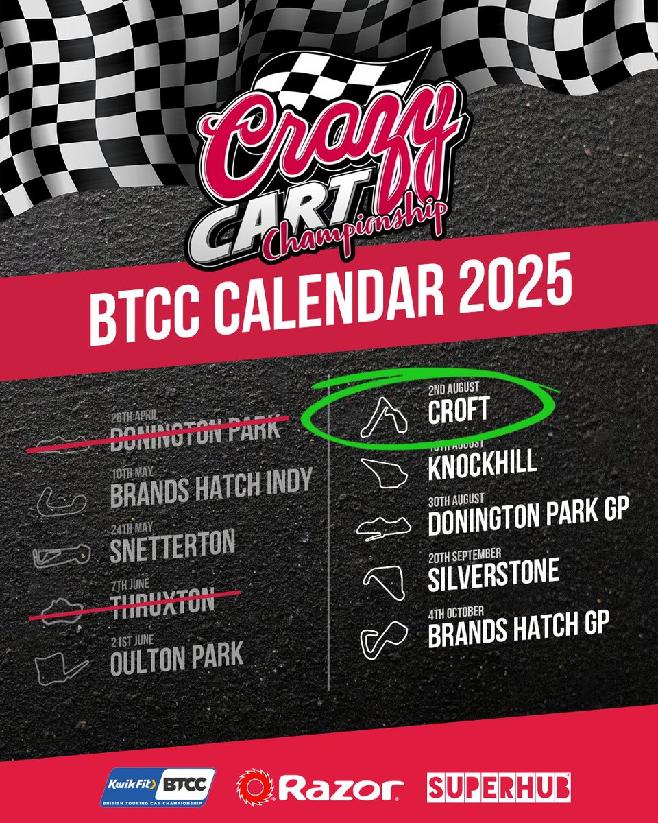 Strap in, the second half of the 2025 Crazy Cart Championship is here! From Croft carnage to Brands Hatch bonanzas, we’re taking the madness nationwide! Which track are you most excited for? 👀🏁  
 
#BTCC #Razor #Croft #BrandsHatch #Silverstone #DoningtonPark #OultonPark