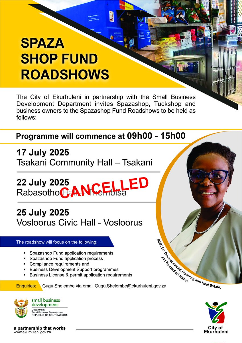 City_Ekurhuleni's tweet image. 📢Due to unforeseen circumstances, the Spaza Shop Fund Roadshow in #Thembisa is cancelled. A new date will be shared once it is finalised. #CoE apologises for the inconvenience caused.